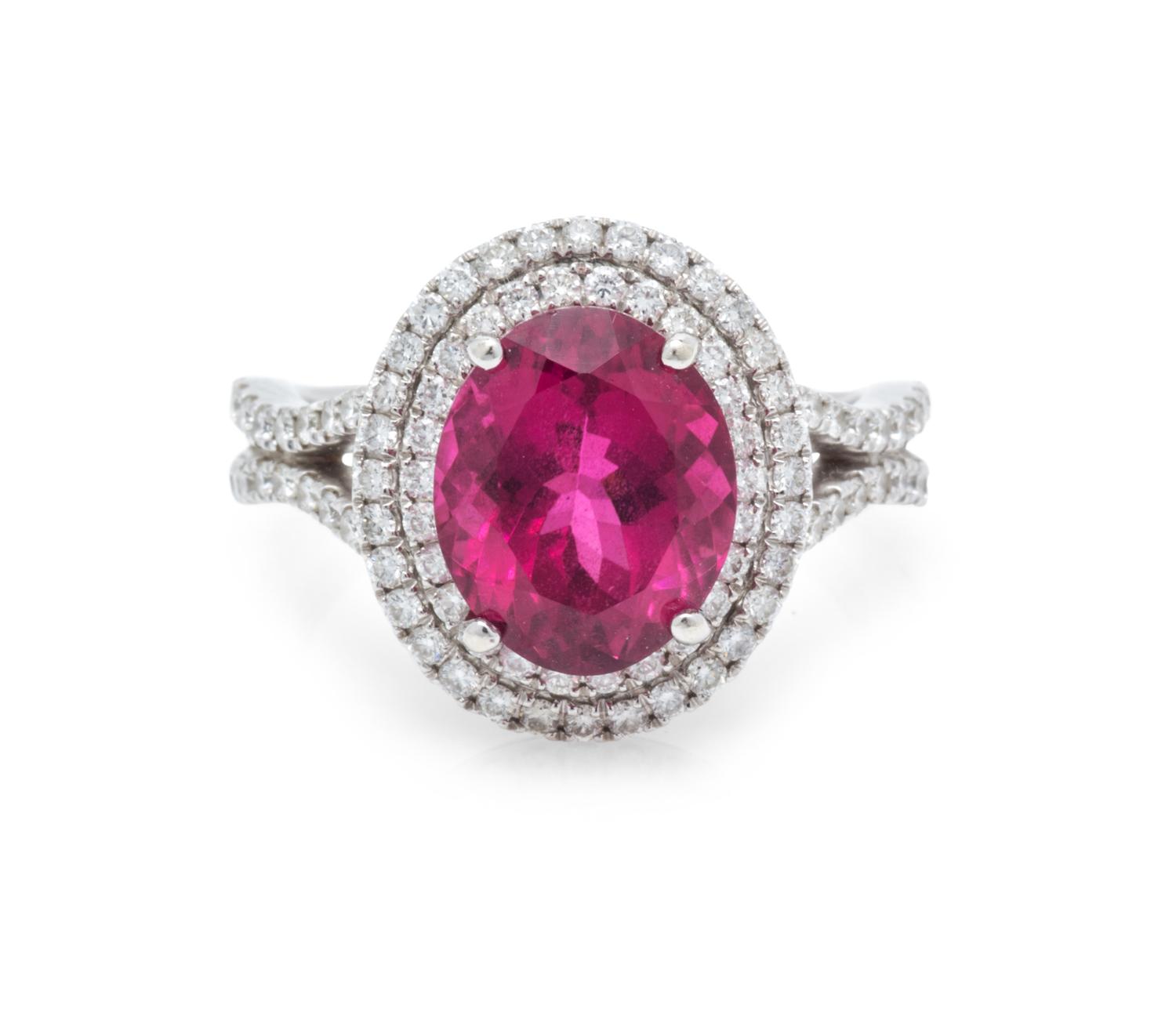 A 14 Karat White Gold, Rubellite Tourmaline and Diamond Ring, 3.40 dwts.