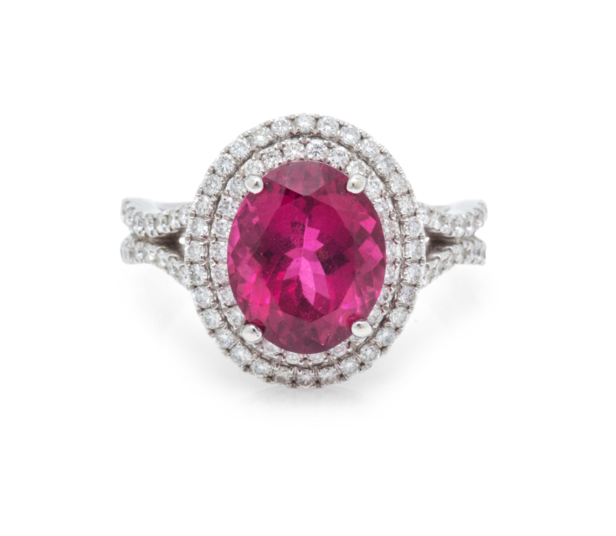 A 14 Karat White Gold, Rubellite Tourmaline and Diamond Ring, 3.40 dwts.