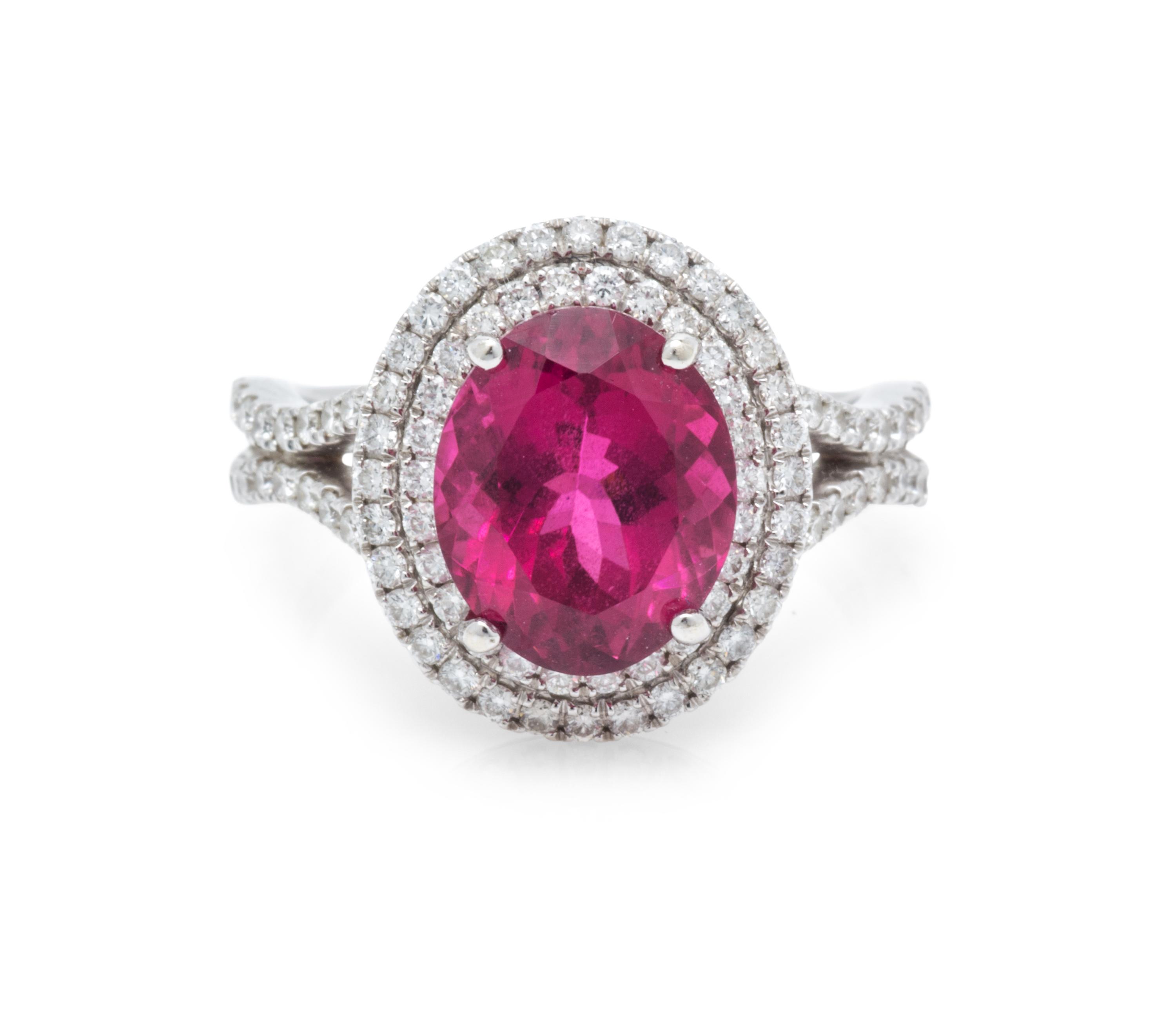 A 14 Karat White Gold, Rubellite Tourmaline and Diamond Ring, 3.40 dwts.