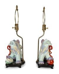 A Pair of Chinese Export Porcelain Buddhistic Lions Mounted as Lamps