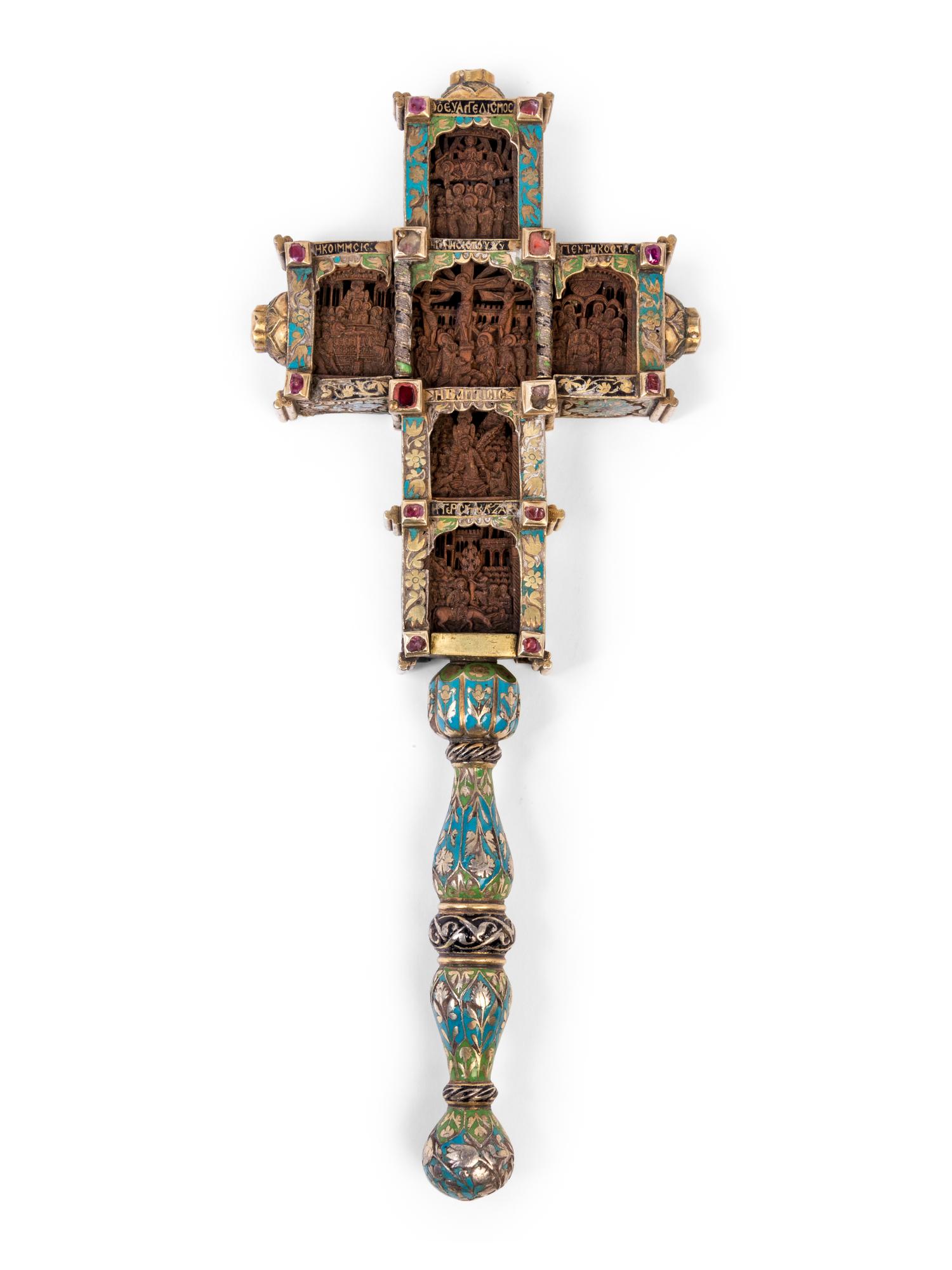 A Greek Gem-Set and Enameled Silver and Carved Olivewood Cross