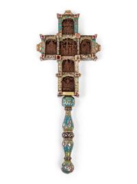 A Greek Gem-Set and Enameled Silver and Carved Olivewood Cross