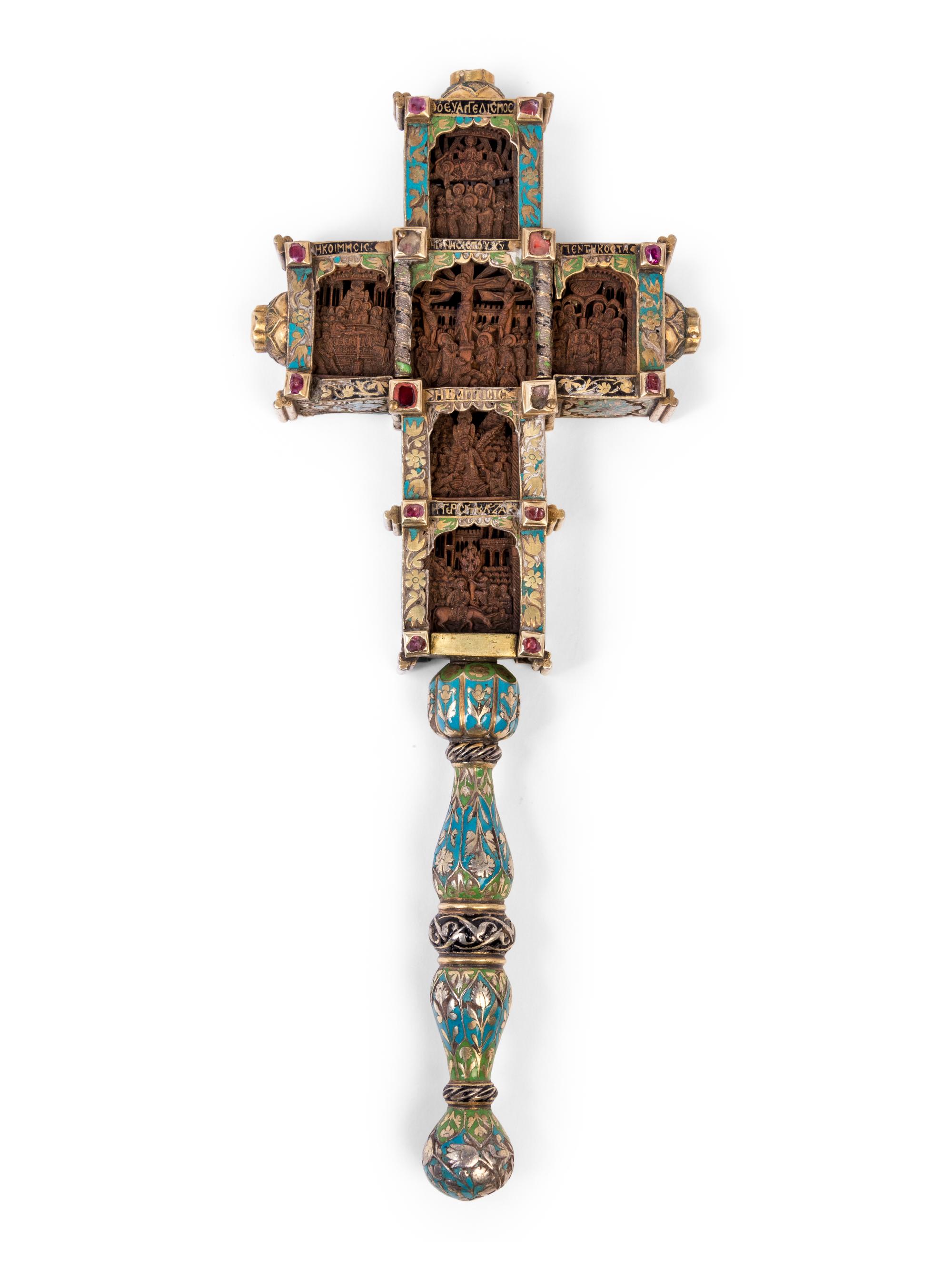 A Greek Gem-Set and Enameled Silver and Carved Olivewood Cross