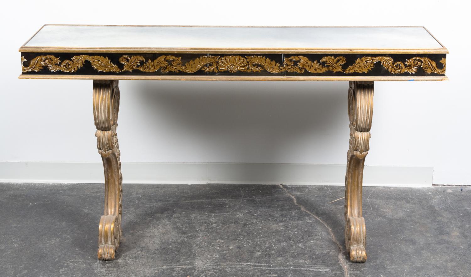 A Continental Mirrored Console Table Height 34 3/4 x width 59 1/2 x depth 14 1/2 inches. — 20TH CENTURY