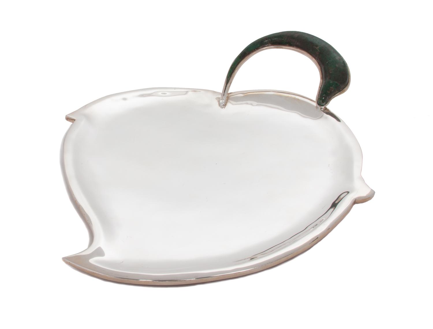 A Mexican Hardstone Mounted Silver Tray, Los Castillo,Taxco, 20th Century, of leaf form with a stone inset handle, marked.