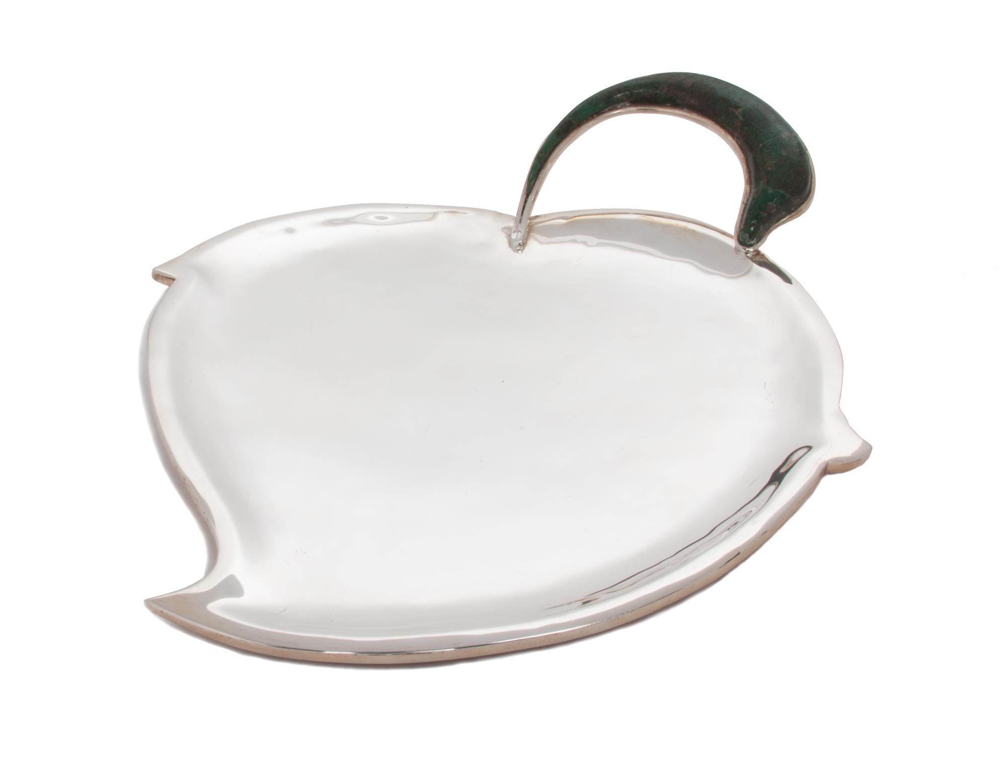 A Mexican Hardstone Mounted Silver Tray, Los Castillo,Taxco, 20th Century, of leaf form with a stone inset handle, marked.