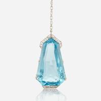 A diamond, aquamarine, and palladium pendant necklace, Tiffany & Co.