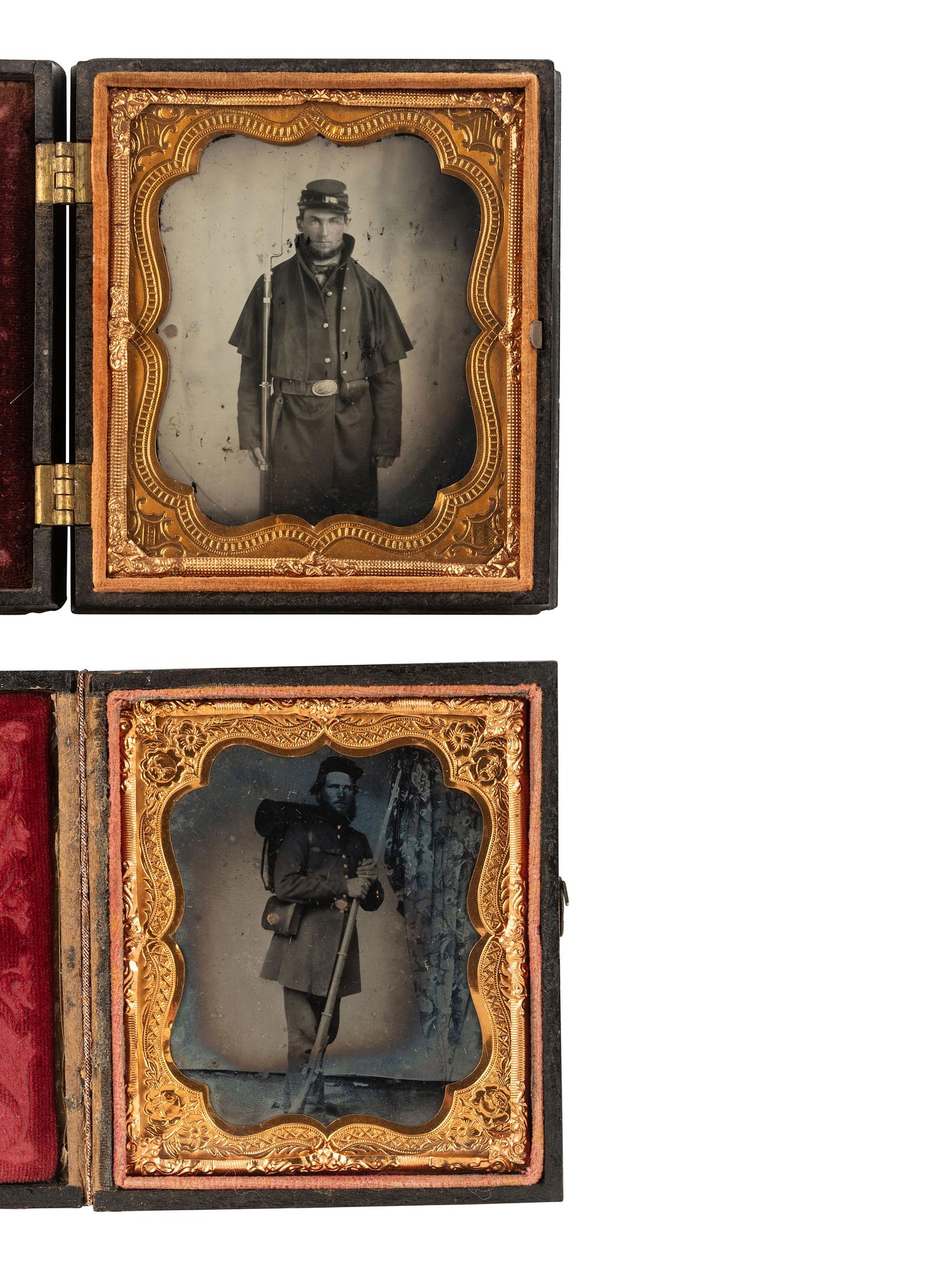 [CIVIL WAR]. 2 sixth plate standing portraits of armed, bearded soldiers with several accoutrements.