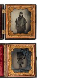 [CIVIL WAR]. 2 sixth plate standing portraits of armed, bearded soldiers with several accoutrements.