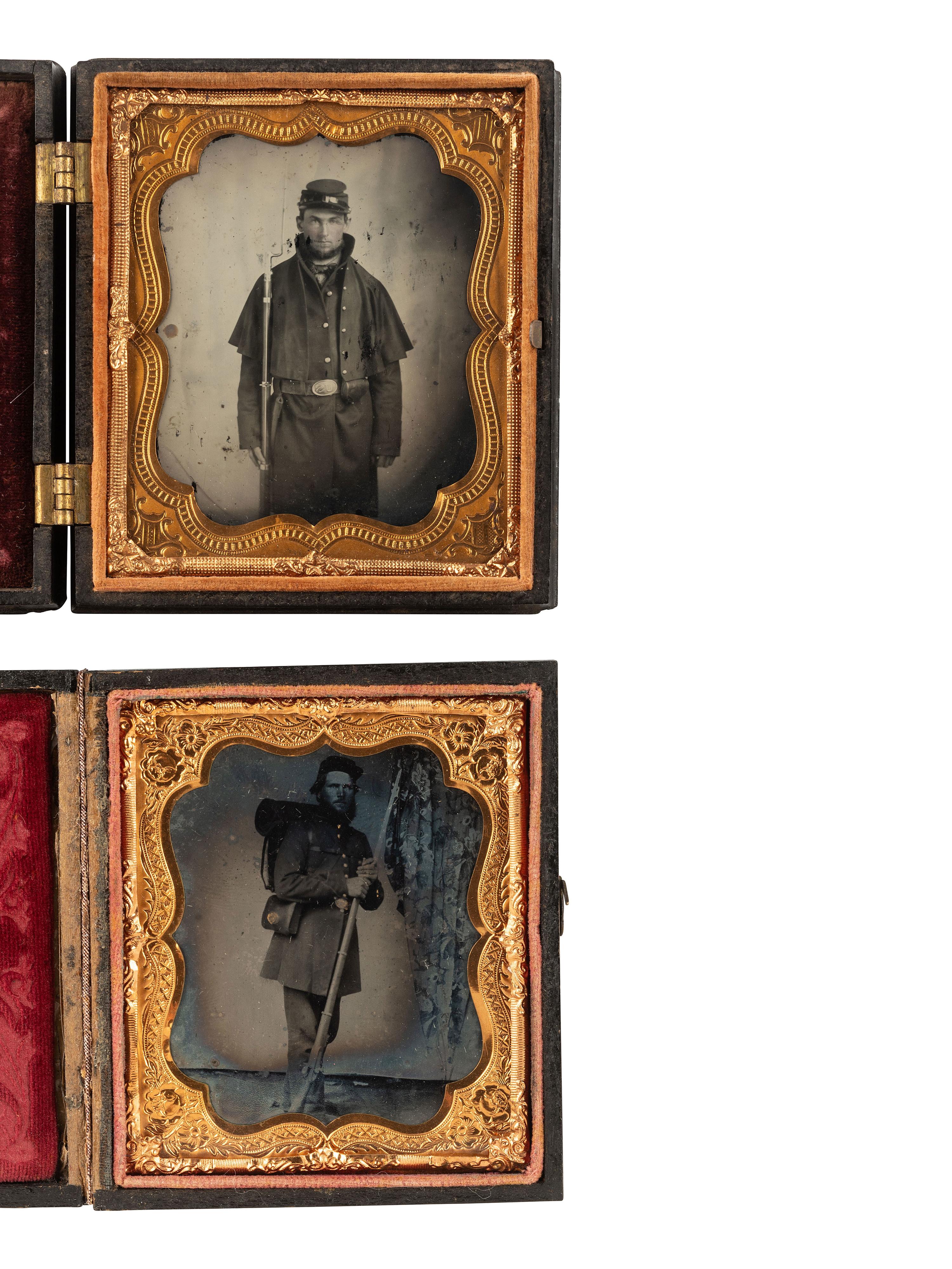 [CIVIL WAR]. 2 sixth plate standing portraits of armed, bearded soldiers with several accoutrements.