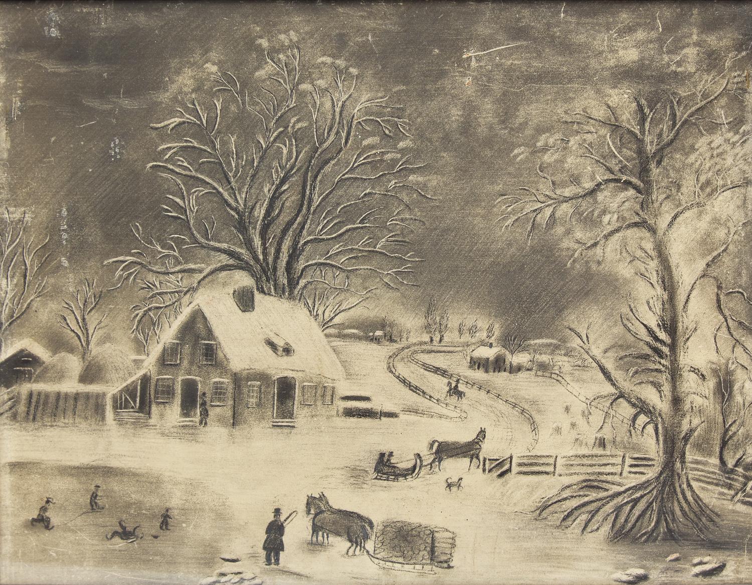 American School 19th Century, Two Sandpaper or Charcoal Landscape Drawings: Winter Scene and River View
