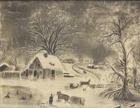 American School 19th Century, Two Sandpaper or Charcoal Landscape Drawings: Winter Scene and River View