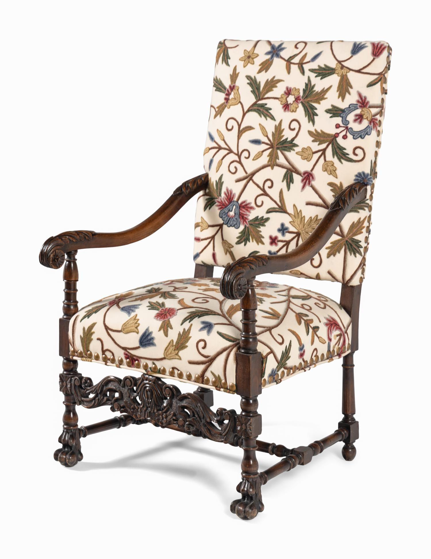 A William and Mary Style Walnut Armchair with Crewelwork Upholstery