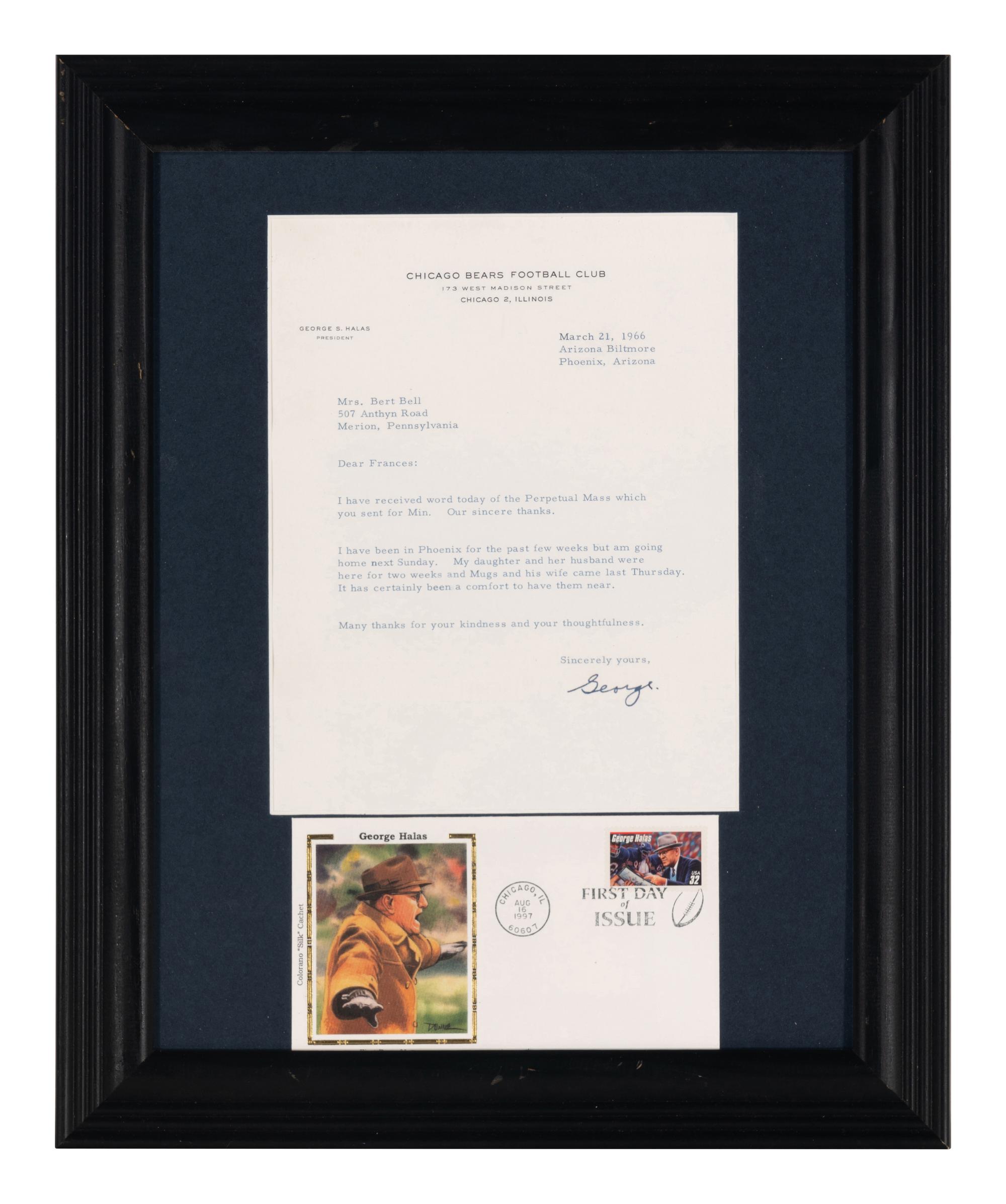 An Important Signed Letter with Personal Sentiments from Chicago Bears Owner George Halas with Custom Frame Display