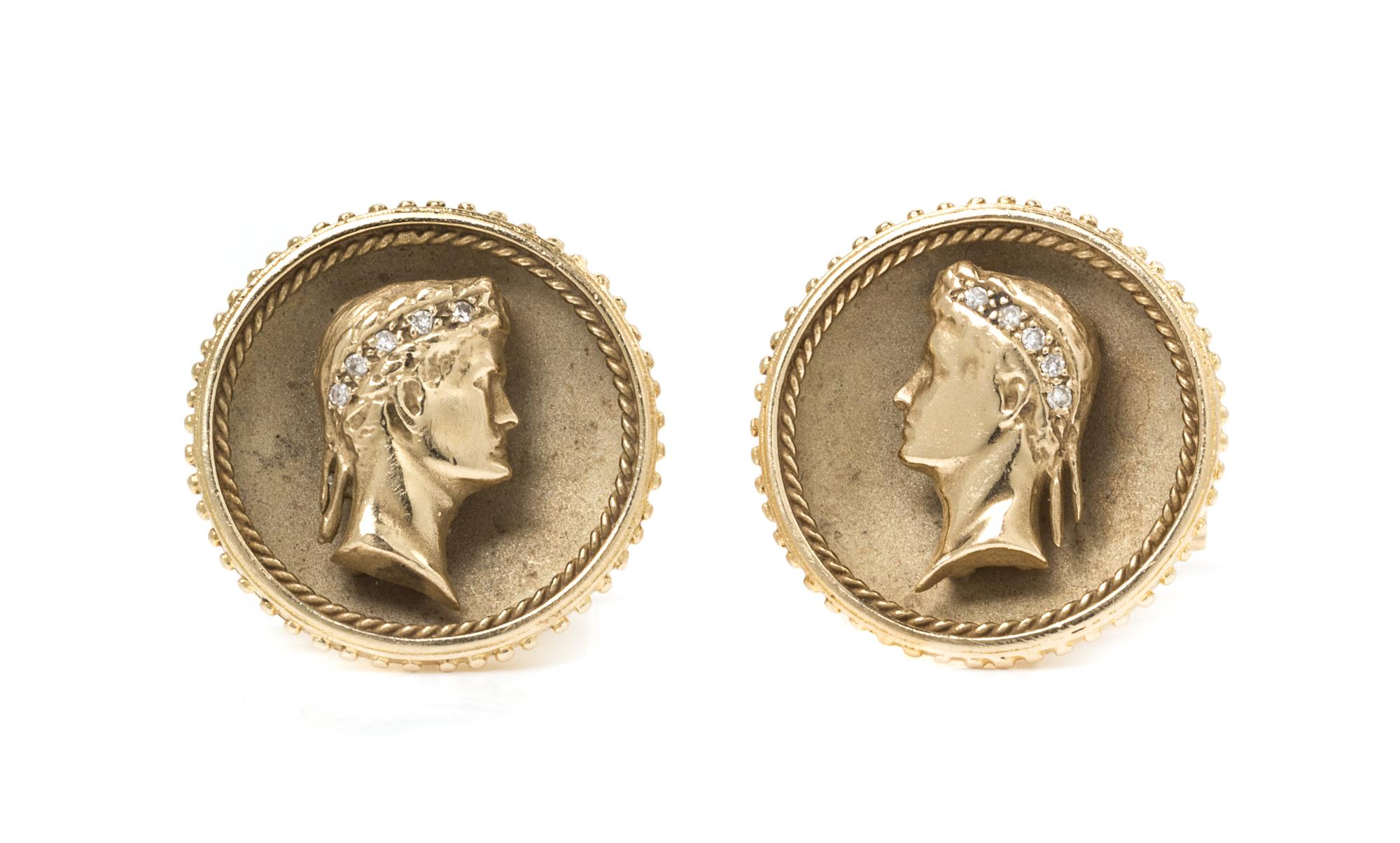 A Pair of 14 Karat Yellow Gold and Diamond Cufflinks, 15.10 dwts.