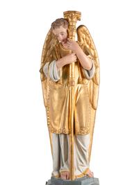 A Pair of Painted and Parcel Gilt Figural Altar Prickets with Associated Gothic Revival Pedestals