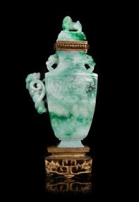 A Mottled Green Jadeite 'Dragon' Covered Vase