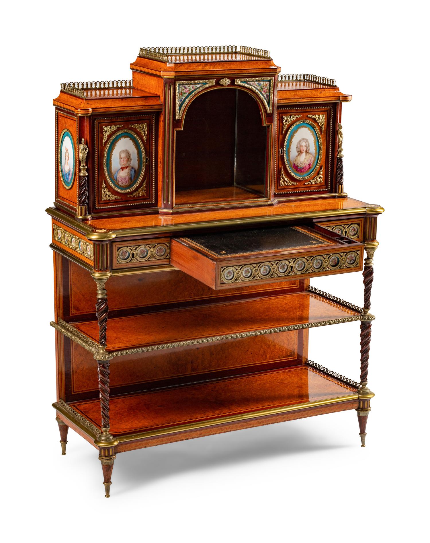 A Louis XVI Style Gilt-Bronze and Porcelain-Mounted Amboyna Bonheur du Jour — 19TH CENTURY