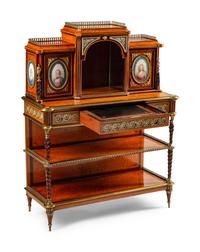 A Louis XVI Style Gilt-Bronze and Porcelain-Mounted Amboyna Bonheur du Jour — 19TH CENTURY