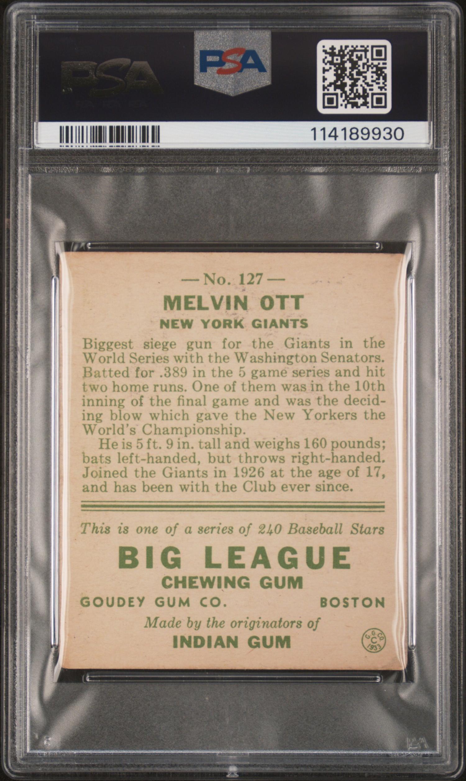 A 1933 Goudey Mel Ott Baseball Card No. 127 (PSA 3 VG)