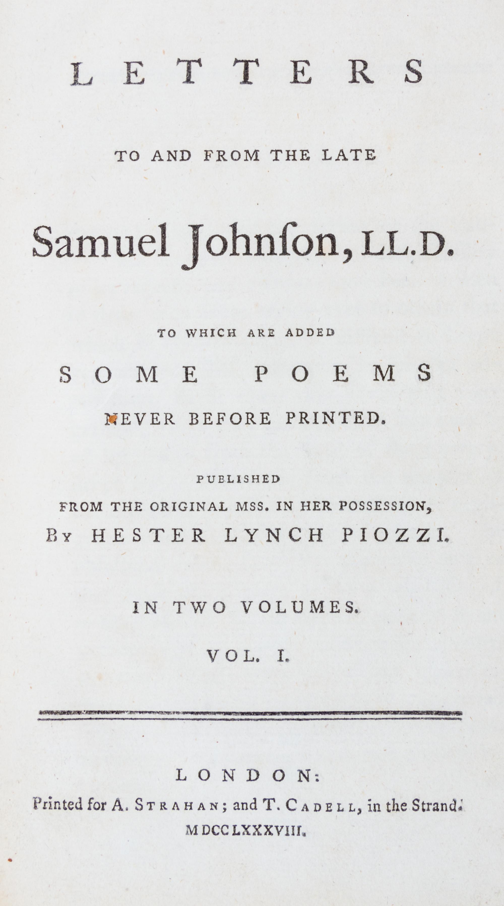 JOHNSON, SAMUEL; PIOZZI, HESTER LYNCH. Letters to and from the Late Samuel Johnson. London, 1788. First edition.