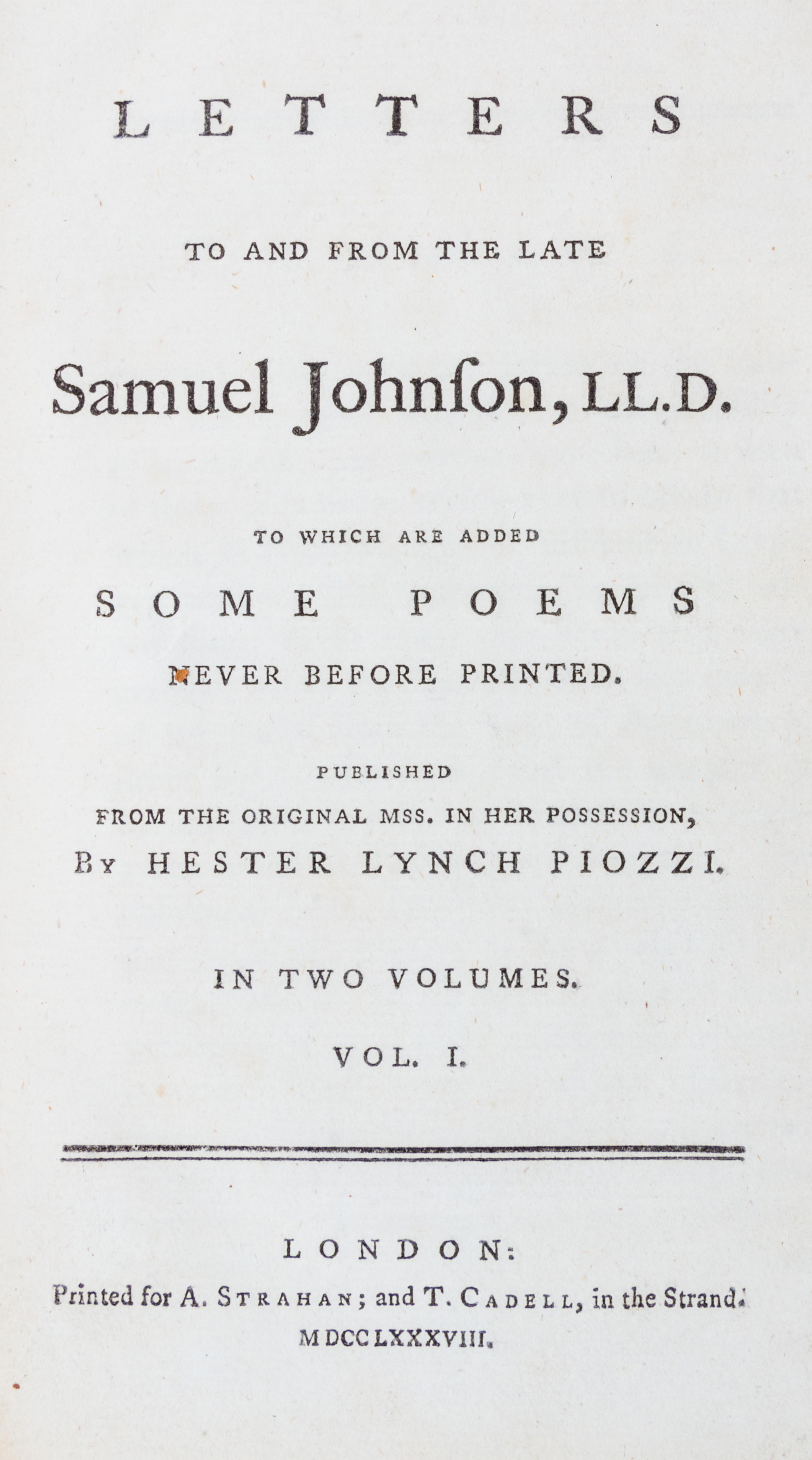 JOHNSON, SAMUEL; PIOZZI, HESTER LYNCH. Letters to and from the Late Samuel Johnson. London, 1788. First edition.