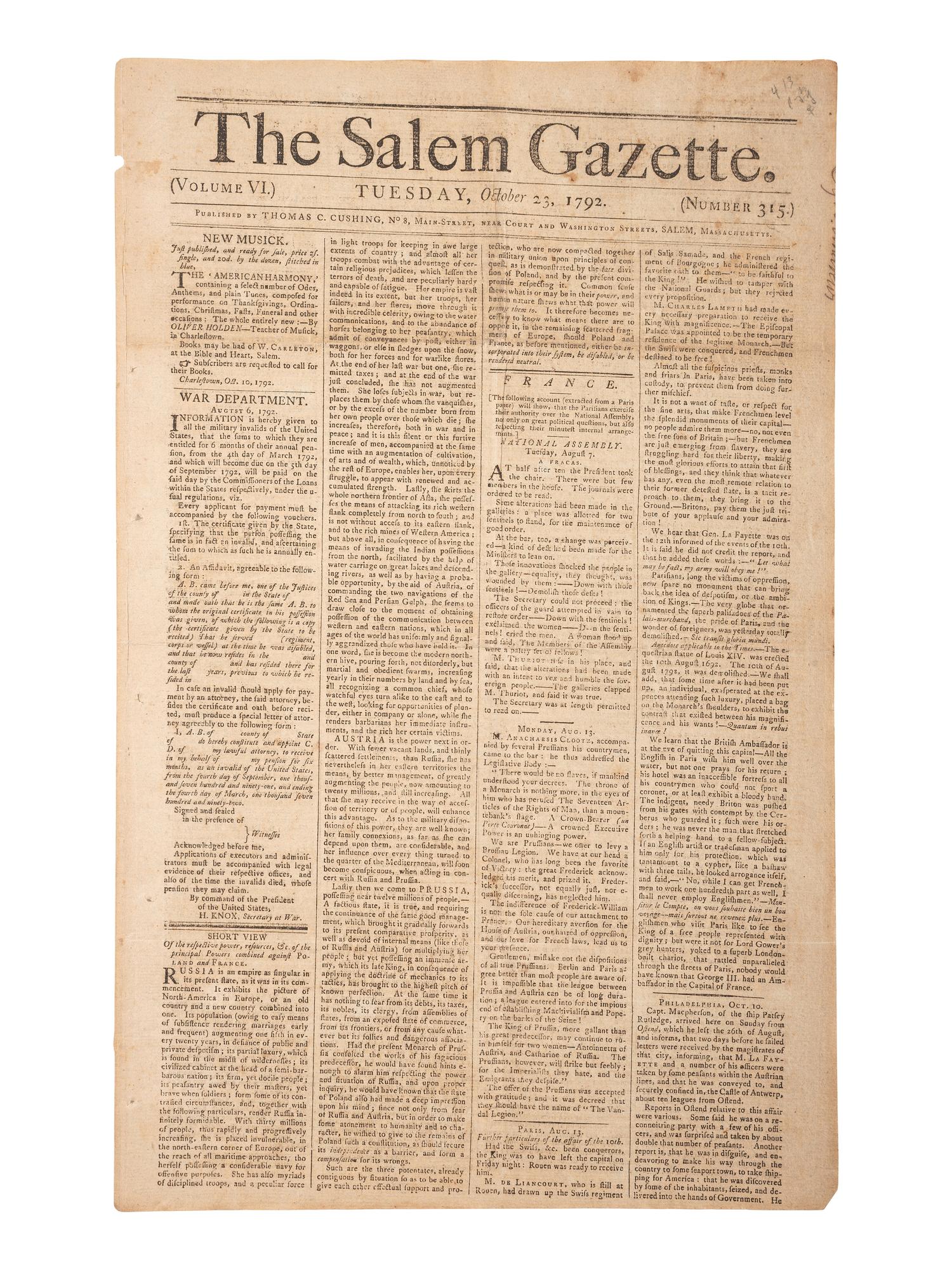 [WOMEN'S RIGHTS] -- [WOLLSTONECRAFT, Mary (1759-1797)]. The Salem Gazette. Vol. VI, No. 315. Salem, MA: Thomas C. Cushing, 23 October 1792.
