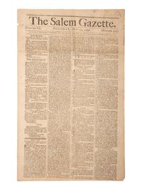 [WOMEN'S RIGHTS] -- [WOLLSTONECRAFT, Mary (1759-1797)]. The Salem Gazette. Vol. VI, No. 315. Salem, MA: Thomas C. Cushing, 23 October 1792.