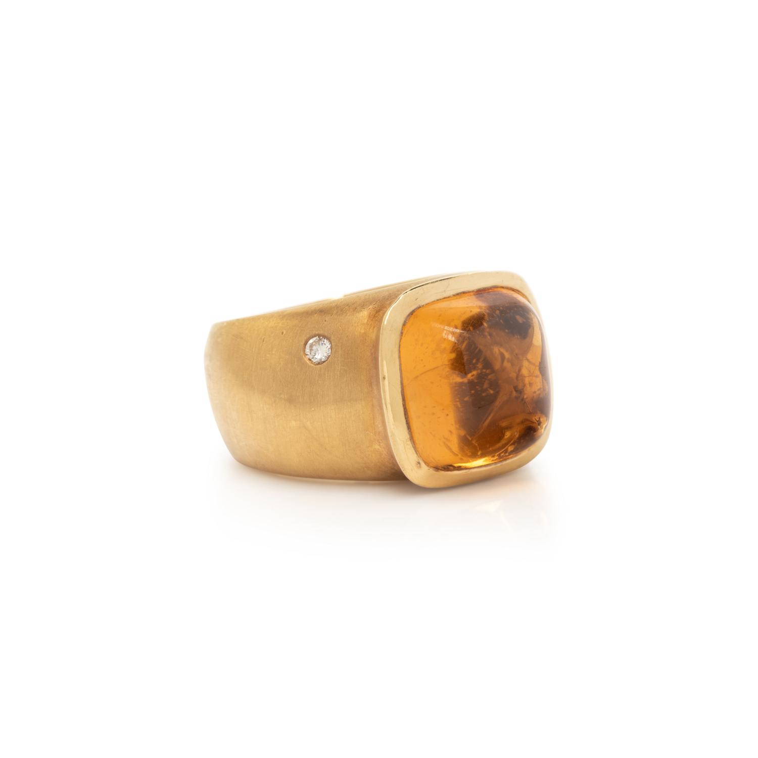 CITRINE, DIAMOND, AND YELLOW GOLD RING