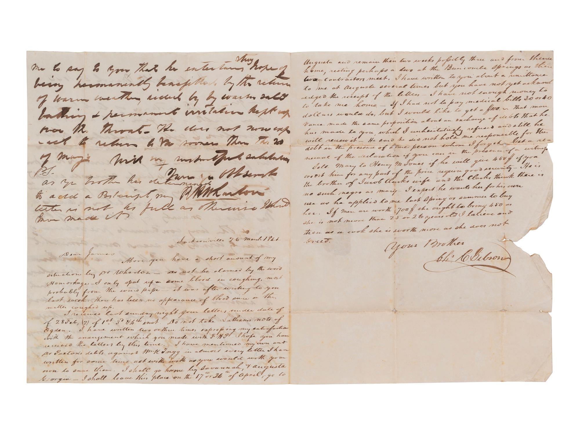 [ENSLAVEMENT]. Florida letter describing a specific enslaved person who "does not breed." 1844.