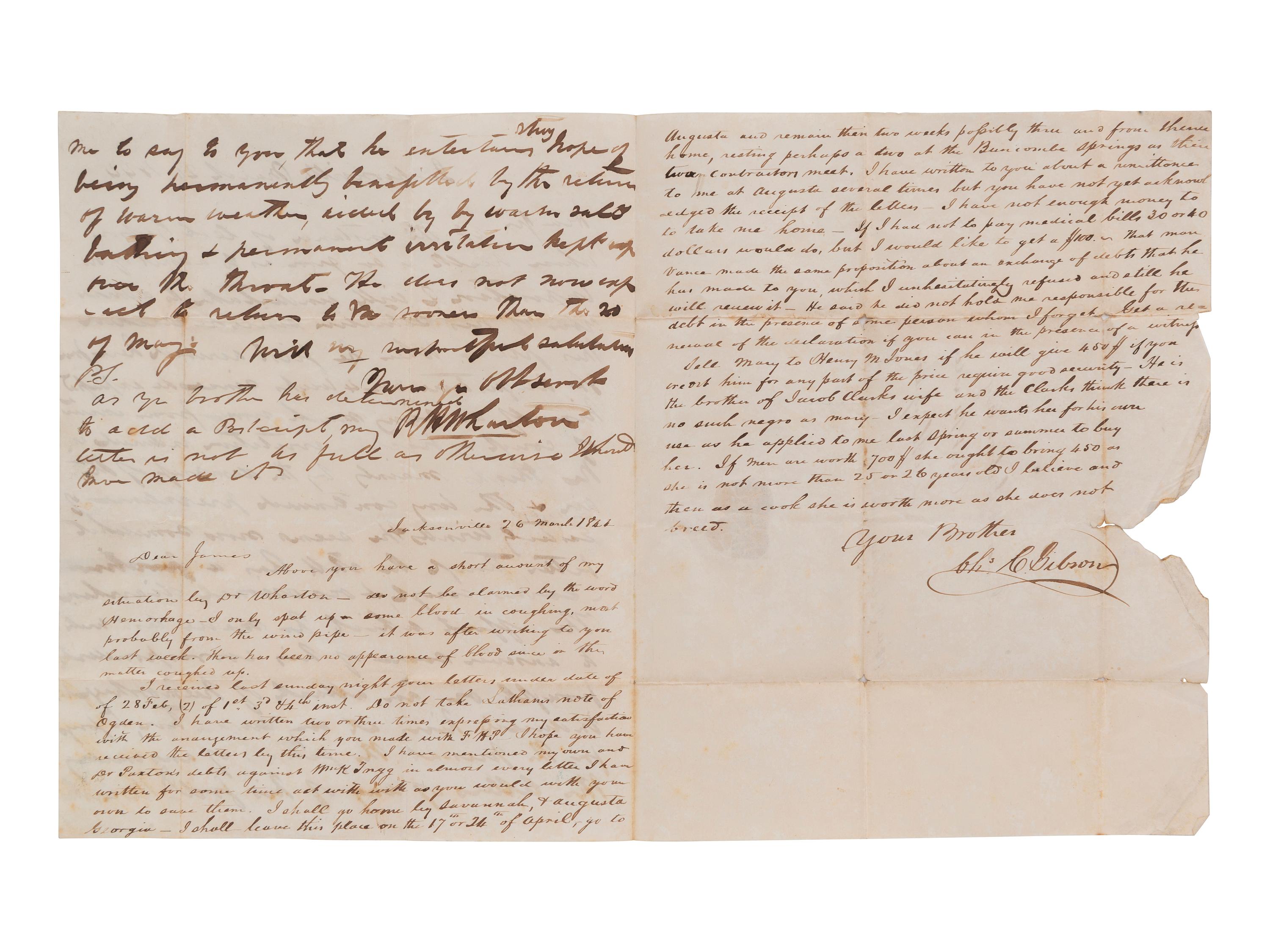 [ENSLAVEMENT]. Florida letter describing a specific enslaved person who "does not breed." 1844.