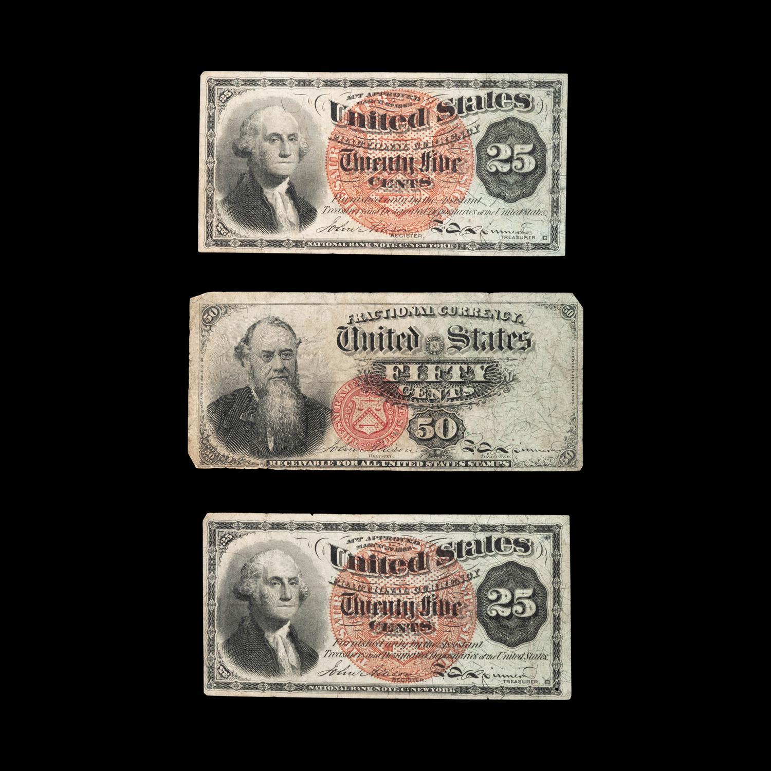 A Group of Three United States Fourth Issue Fractional Currency Notes