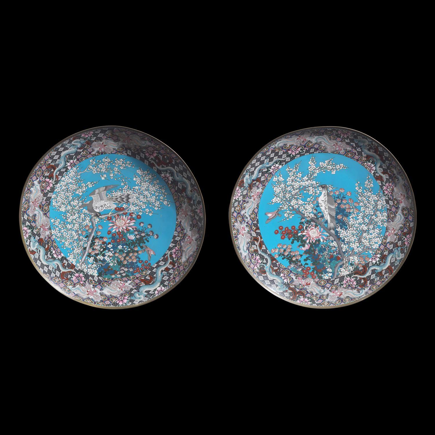 A Pair of Very Large Japanese Cloisonne "Hawks and Sparrows" Chargers, Meiji Period