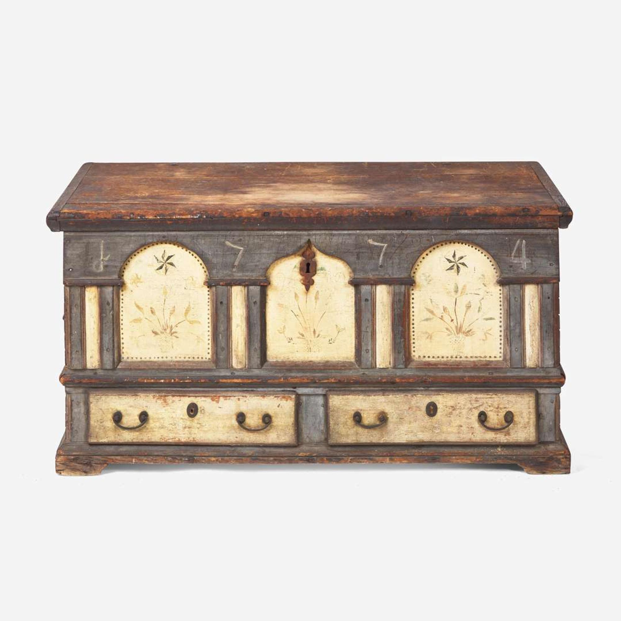 A painted and decorated architectural blanket chest Lancaster, Pennsylvania, dated "1774"
