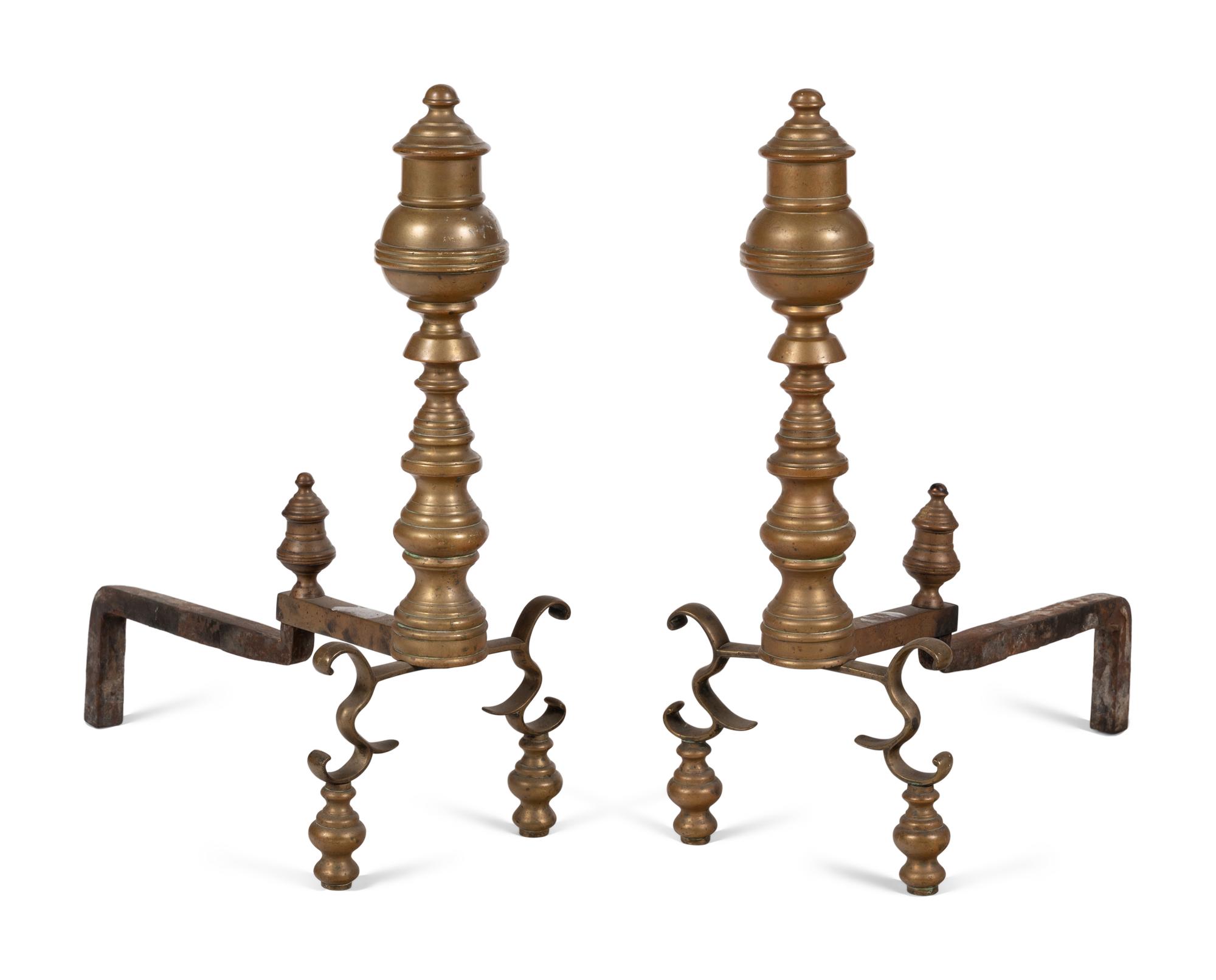 A Pair of Federal Style Brass Baluster Andirons