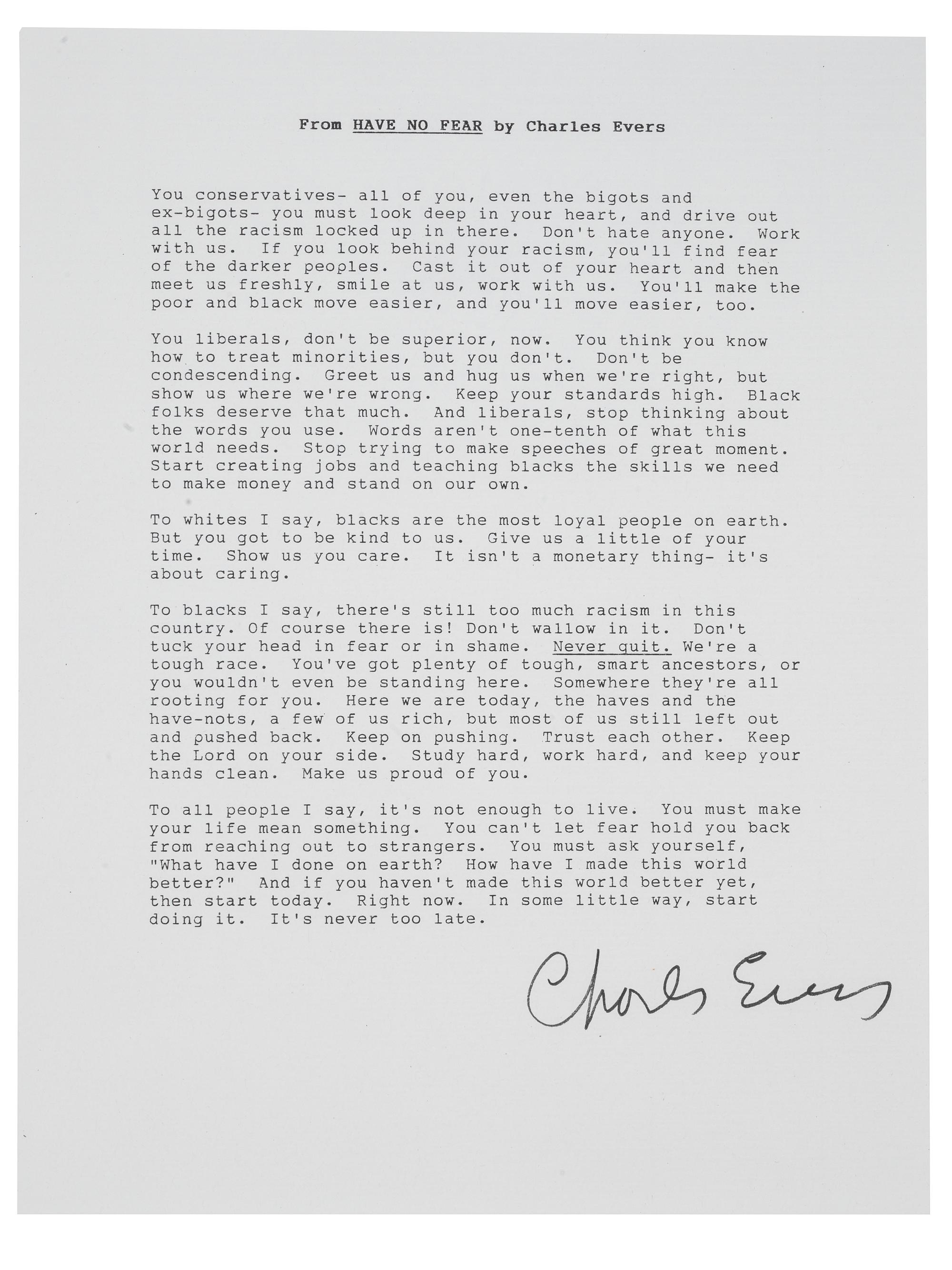 [CIVIL RIGHTS]. EVERS, Charles (1922-2020). A group of 3 items involving the African American mayor and civil rights leader, incl. document signed and press photographs.