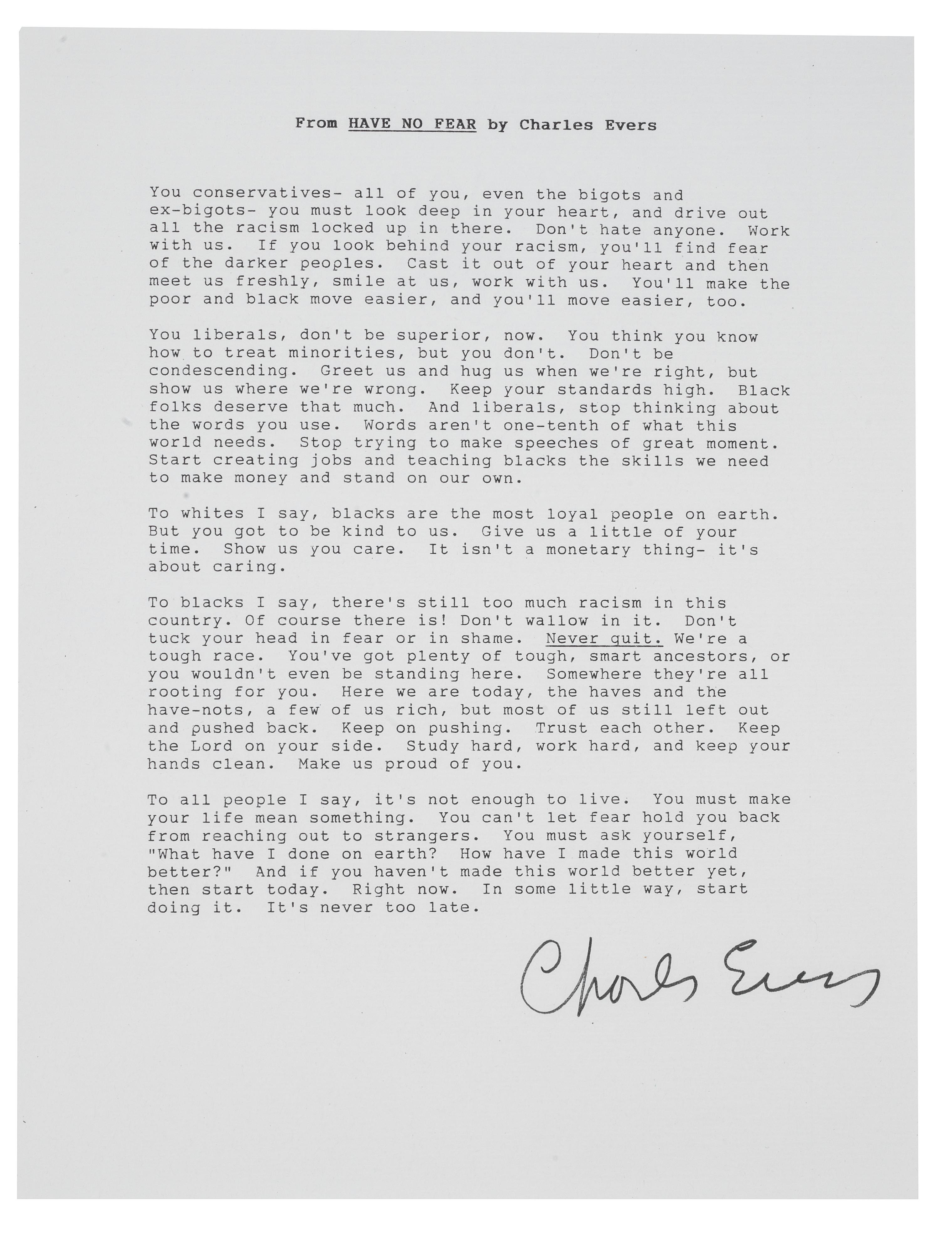 [CIVIL RIGHTS]. EVERS, Charles (1922-2020). A group of 3 items involving the African American mayor and civil rights leader, incl. document signed and press photographs.
