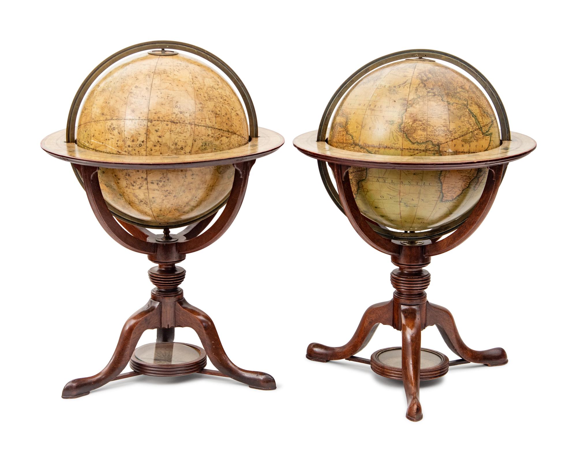 An Associated Pair of English Twelve-Inch Mahogany Celestial and Terrestrial Library Globes