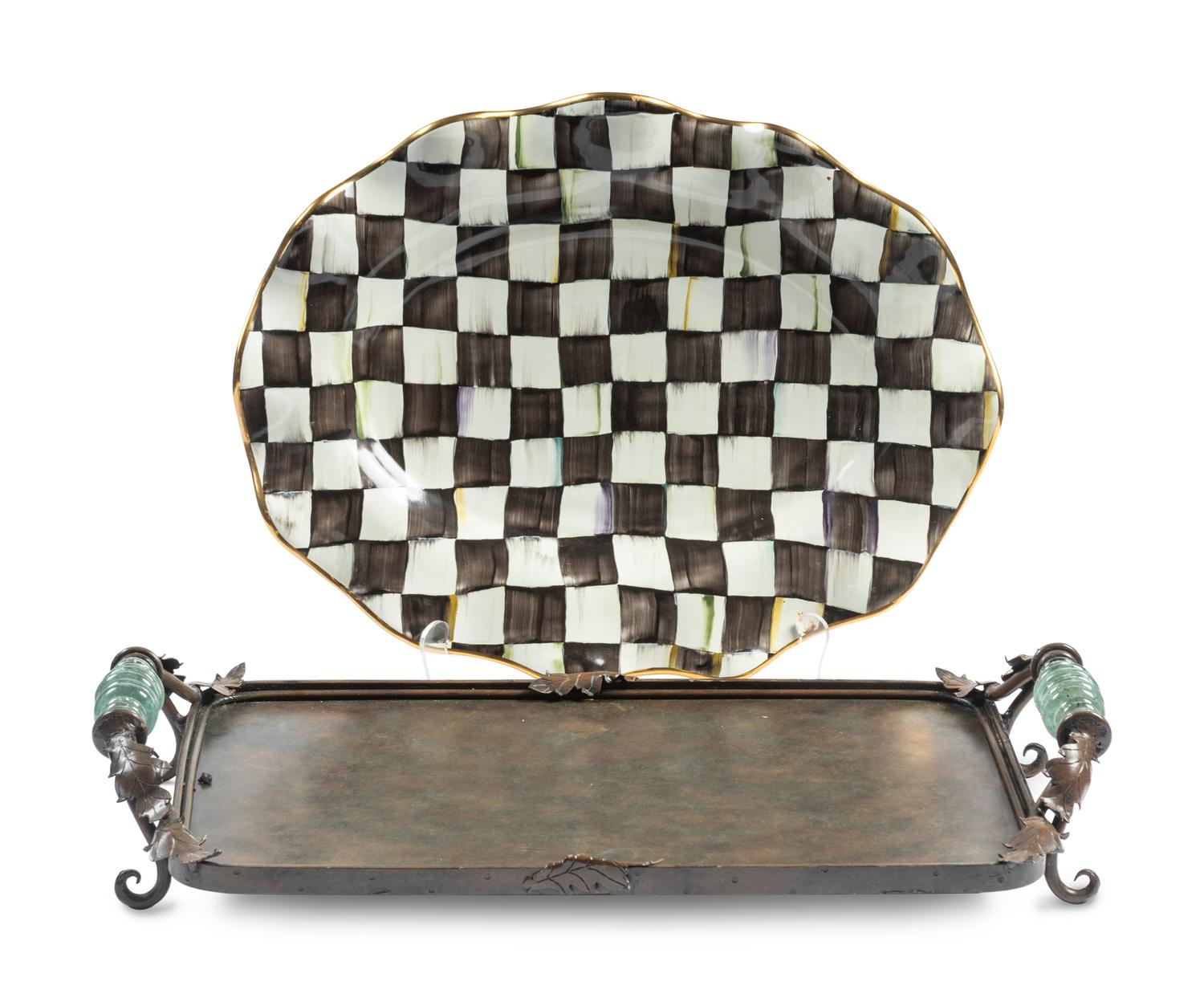 A MacKenzie-Childs Courtly Checked Ceramic Serving Platter and a Metal Serving Tray