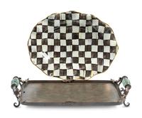 A MacKenzie-Childs Courtly Checked Ceramic Serving Platter and a Metal Serving Tray