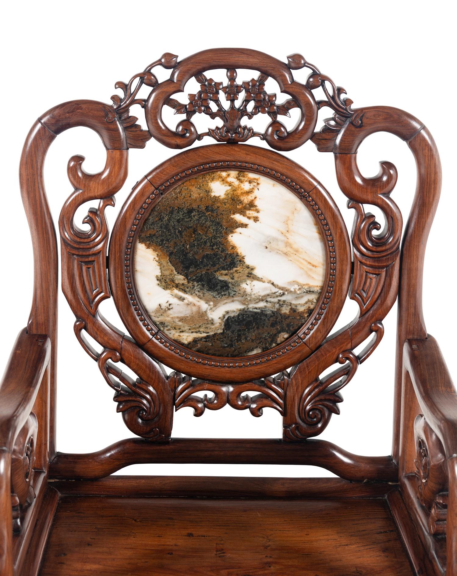 A Chinese Export Marble Inset Hongmu Armchair