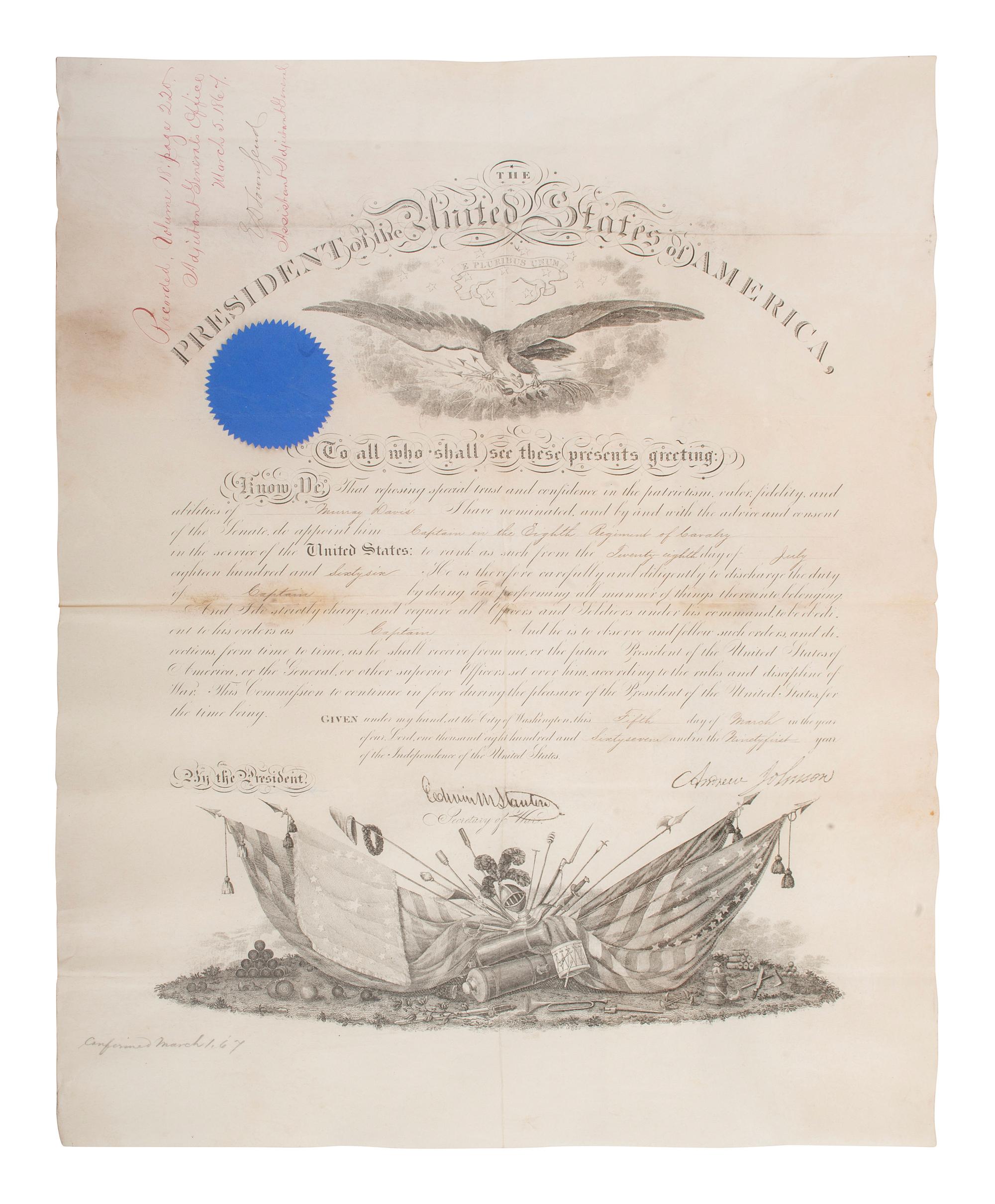 [CIVIL WAR]. JOHNSON, Andrew (1808-1875). Appointments associated with the service of Major Murray Davis, 95th Ohio Infantry, including a document signed by Andrew Johnson as President, 20 April 1866.