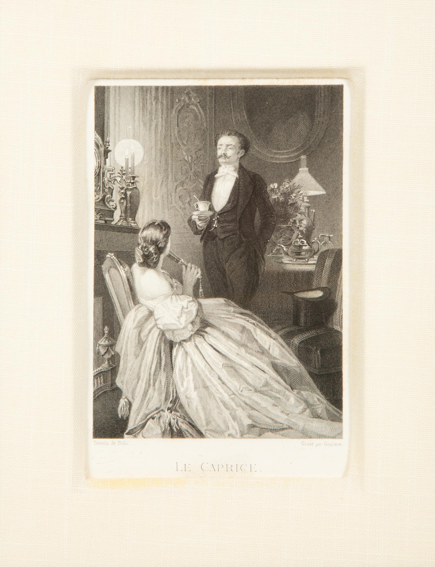 A Set of Four French Engravings of Courting Aristocrats in Ebonized and Giltwood Frames