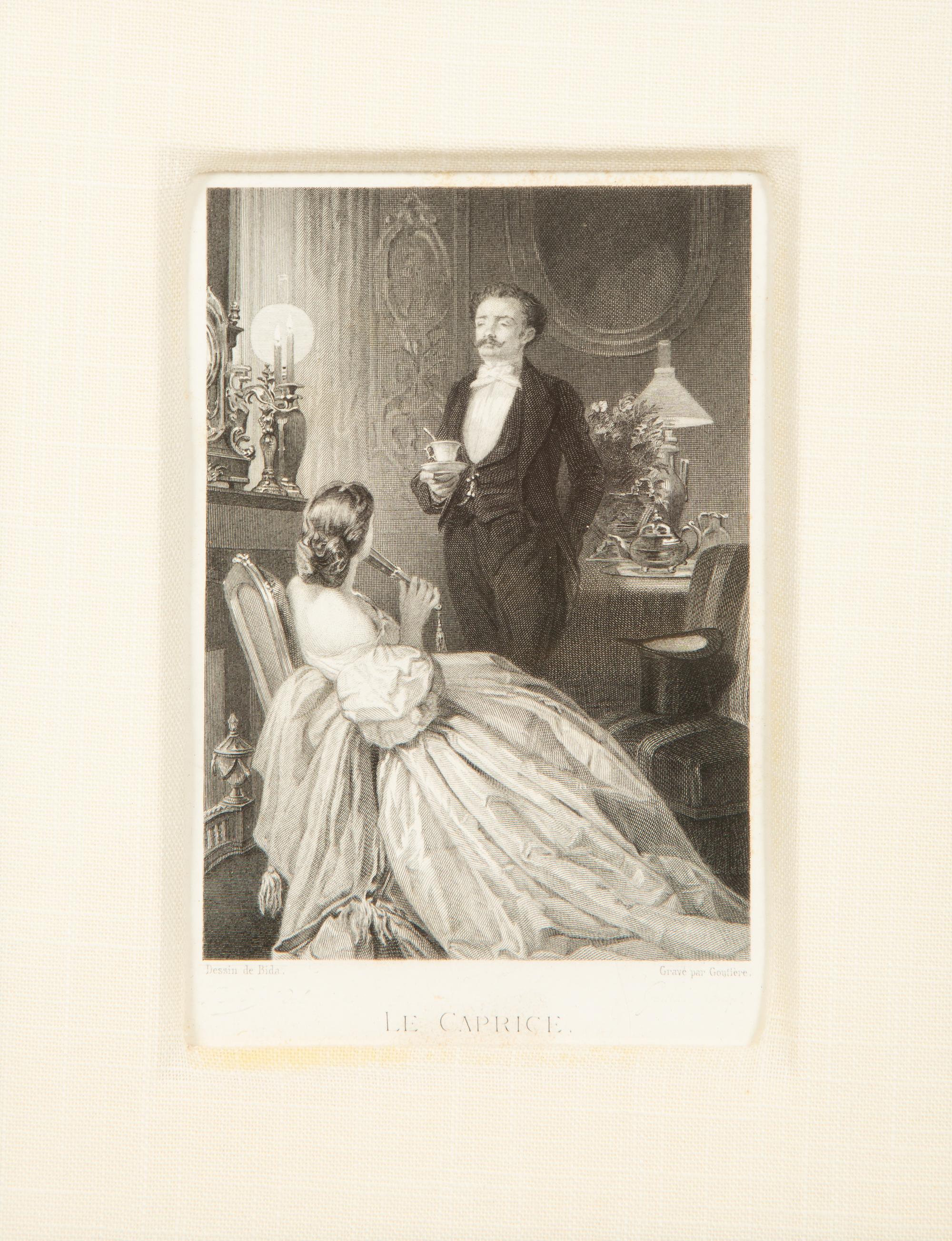 A Set of Four French Engravings of Courting Aristocrats in Ebonized and Giltwood Frames