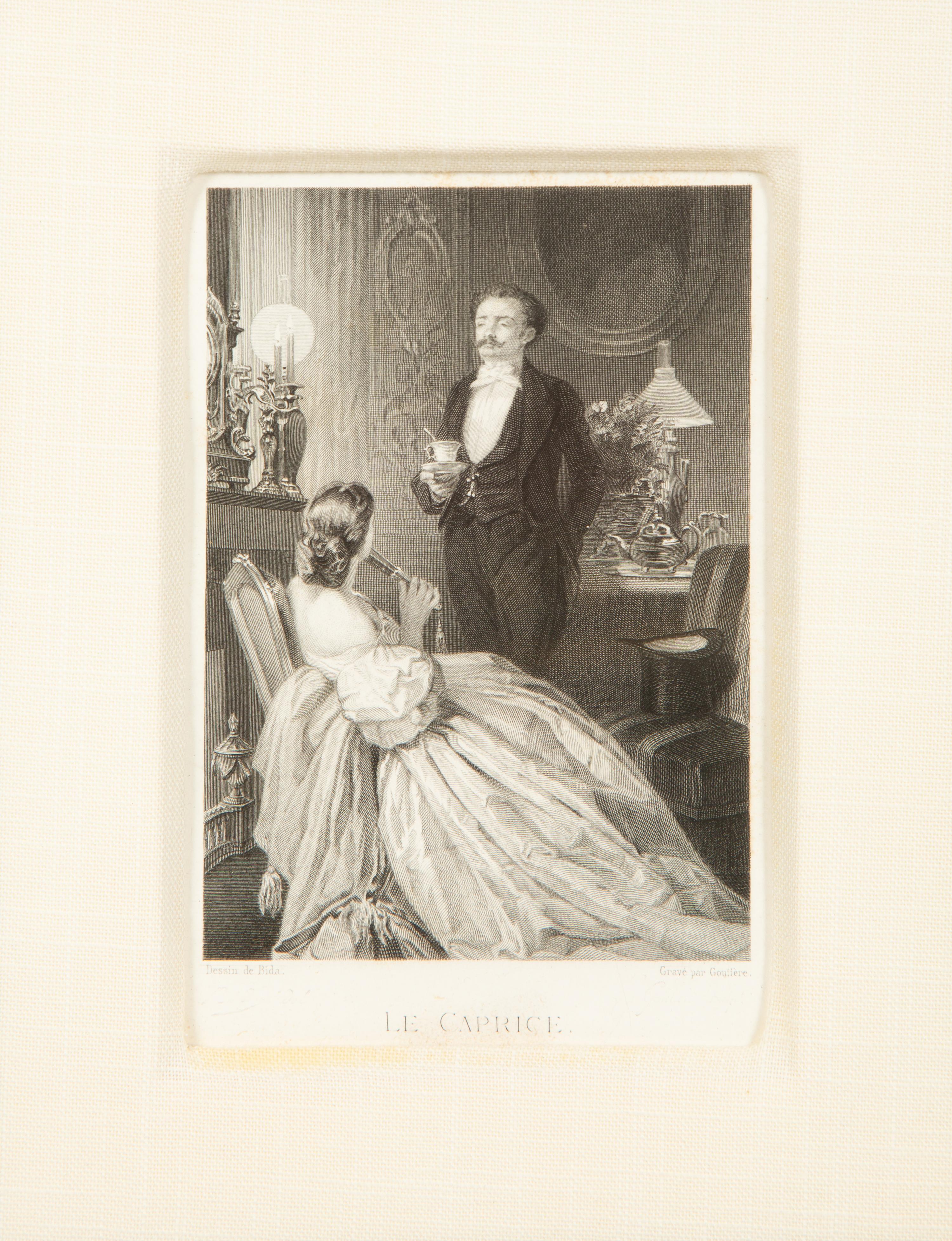 A Set of Four French Engravings of Courting Aristocrats in Ebonized and Giltwood Frames