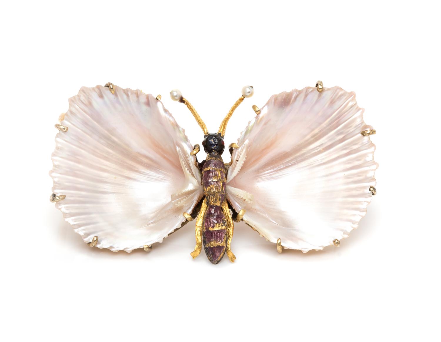 A Gold, Enamel, Pearl and Seashell Butterfly Brooch, Federico and Ferdinando Giuliano, Circa 1890, 7.20 dwts.