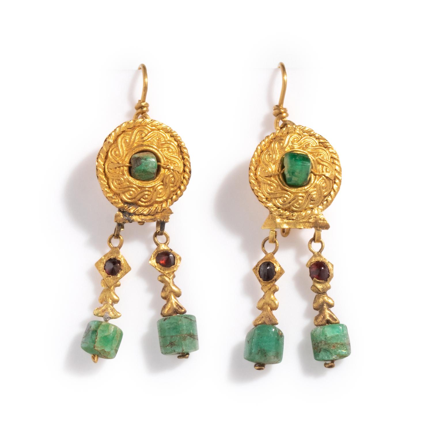 A Pair of Byzantine Gold, Garnet, and Emerald Earrings