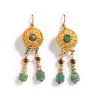 A Pair of Byzantine Gold, Garnet, and Emerald Earrings