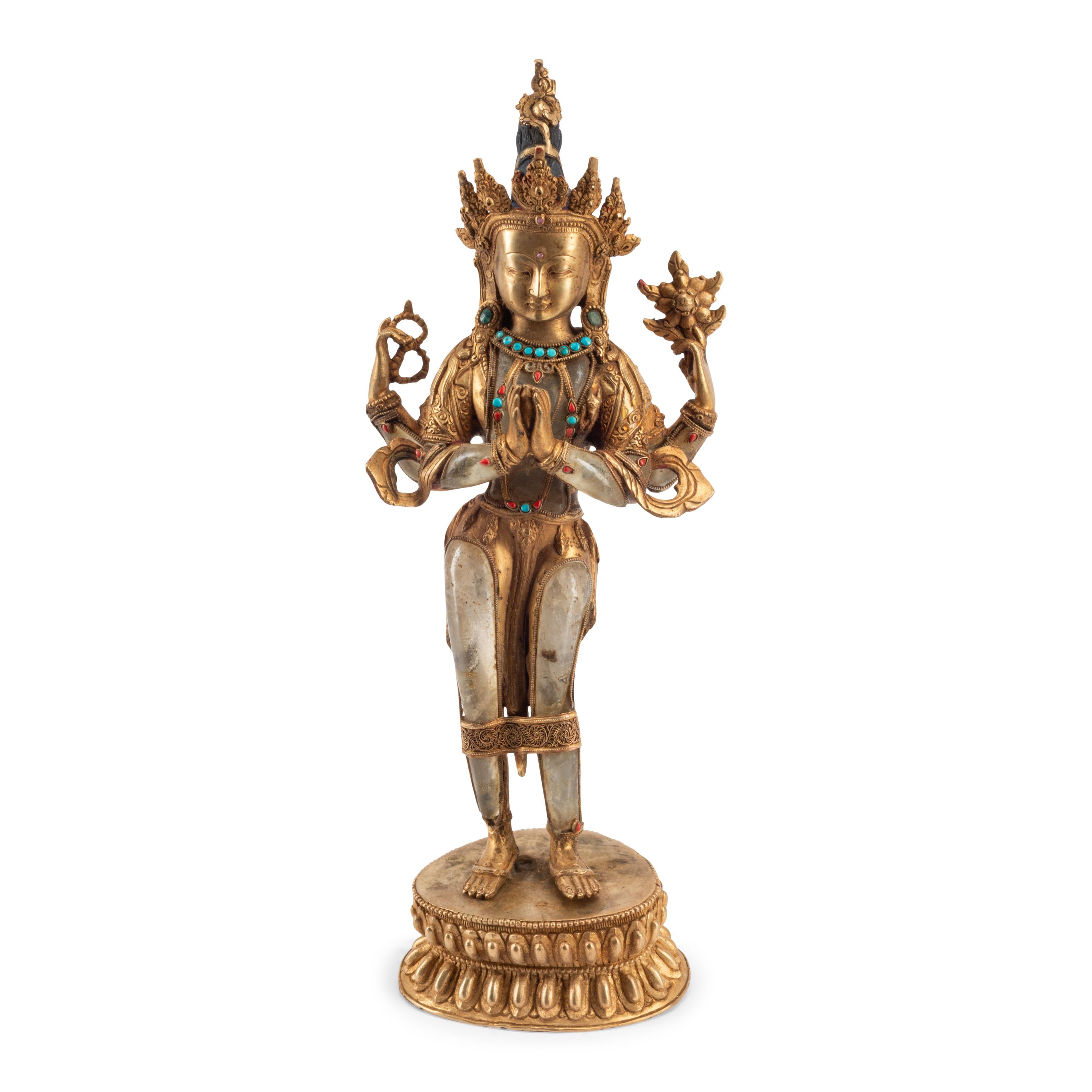 A Gilt Bronze, Rock Crystal and Jewel-Inset Figure of a Standing Deity