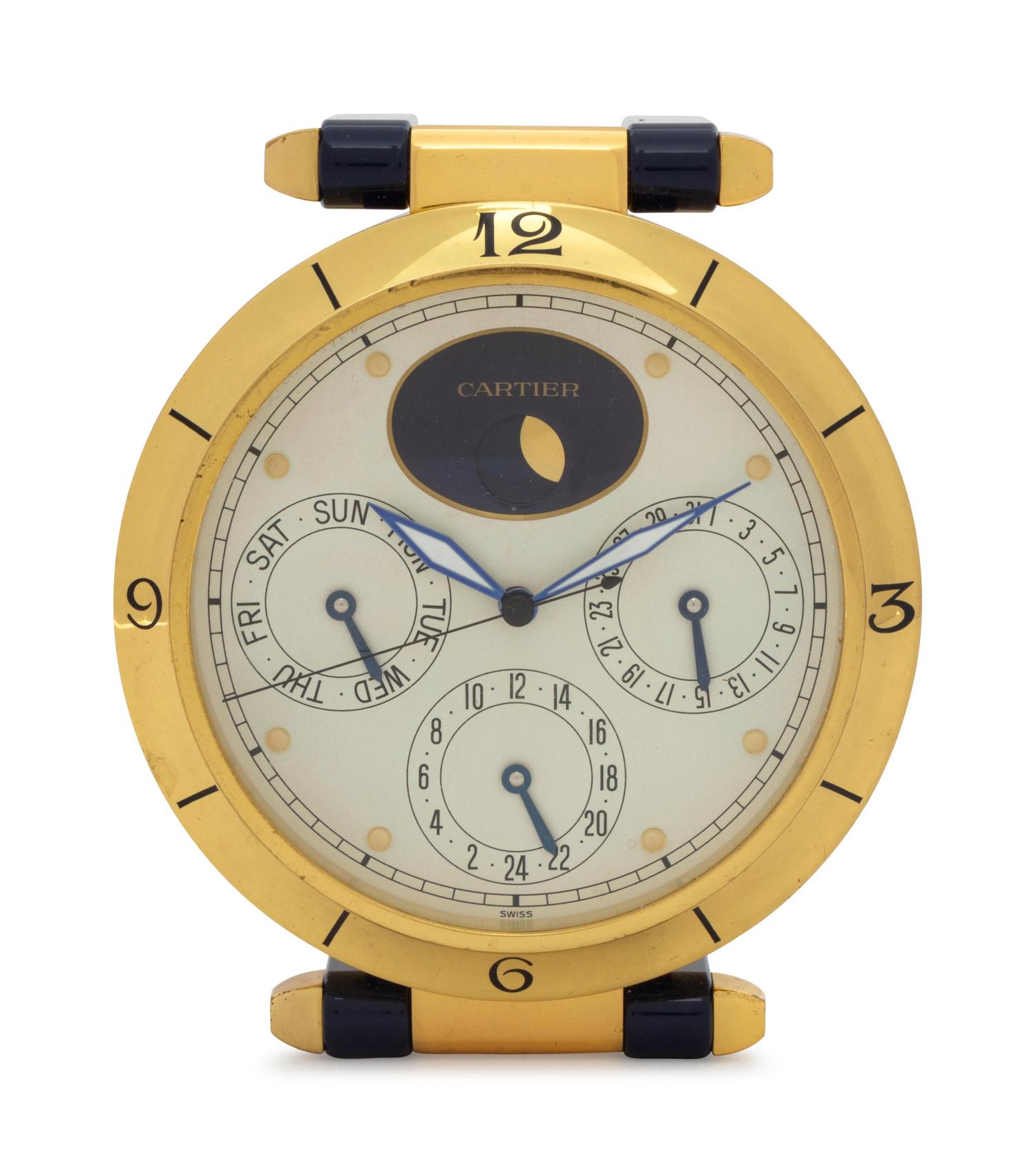 A Pasha De Cartier Gilt Brass Desk Clock — Swiss, Circa 1990s